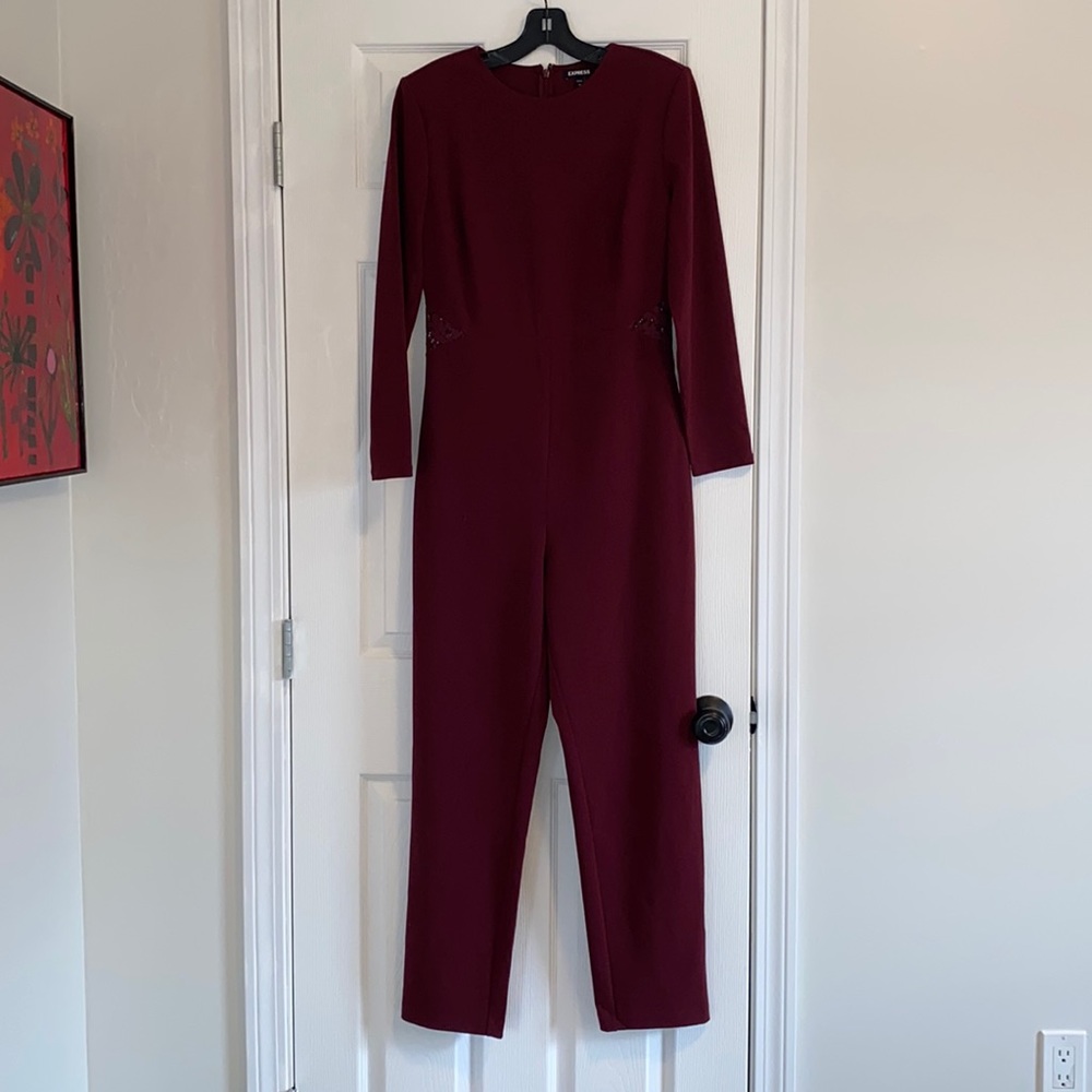 Burgandy jumpsuit with lace detail